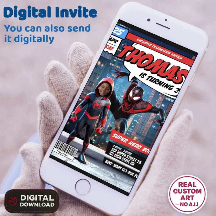 Miles Morales Birthday Invitation with Photo – Personalized Superhero Comic Card (24h Delivery) – Digital Download