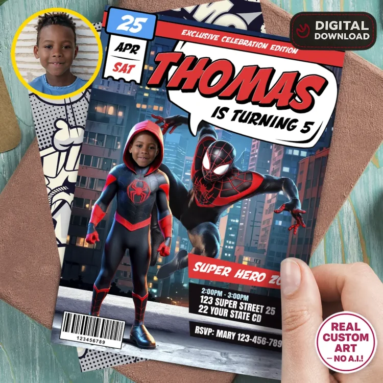 Miles Morales Birthday Invitation with Photo – Personalized Superhero Comic Card (24h Delivery) – Digital Download
