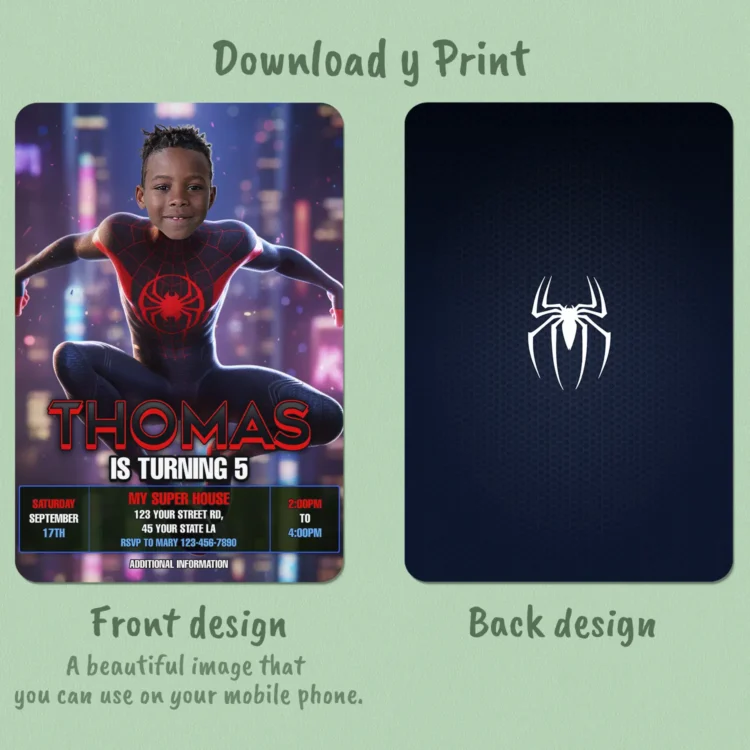 Miles Morales Birthday Photo Invitation – Personalized Superhero Invitation (24h Delivery) – Digital Download
