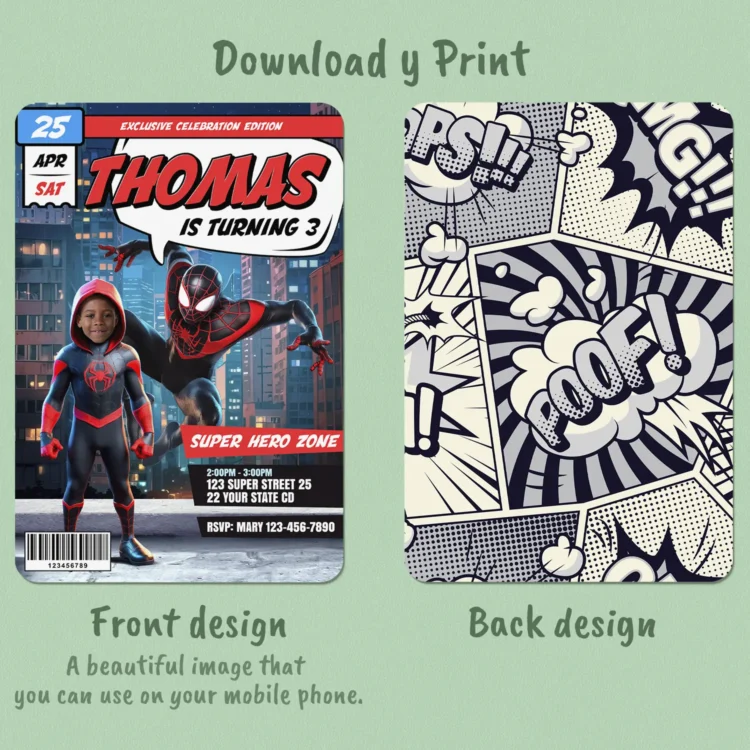 Miles Morales Birthday Invitation with Photo – Personalized Superhero Comic Card (24h Delivery) – Digital Download