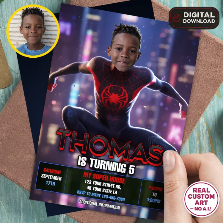 miles morales birthday photo invitation – custom (24h delivery) – digital download