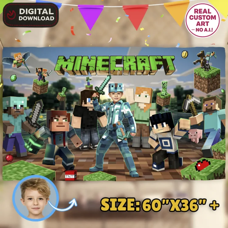 Minecraft Diamond Armor Birthday Banner with Photo – Personalized Gamer Party Banner (24h Delivery) – Digital Download