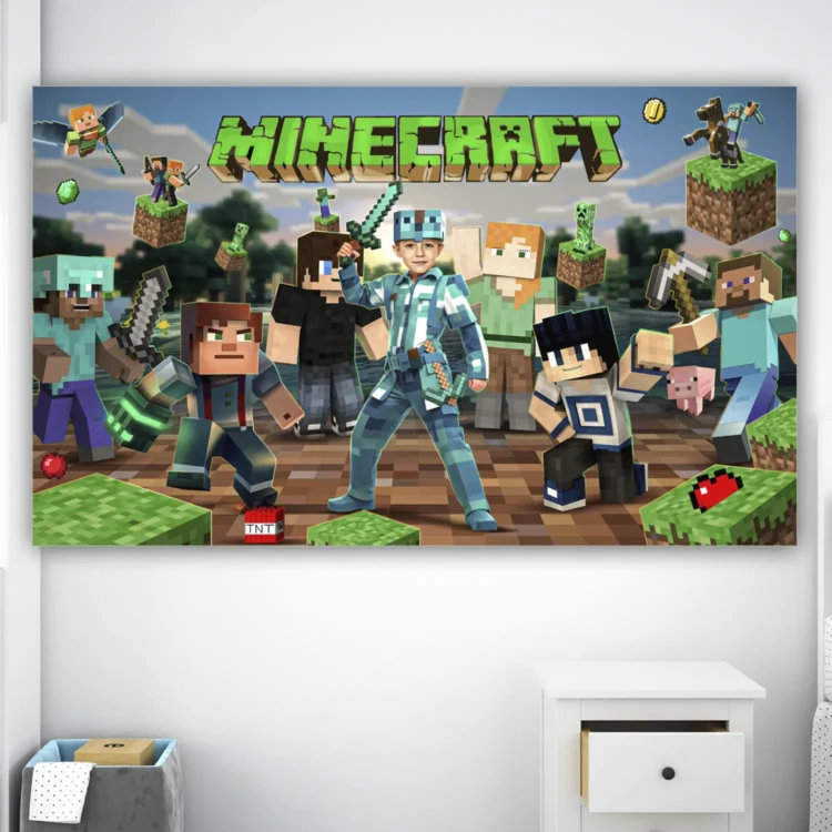 Minecraft Diamond Armor Birthday Banner with Photo – Personalized Gamer Party Banner (24h Delivery) – Digital Download