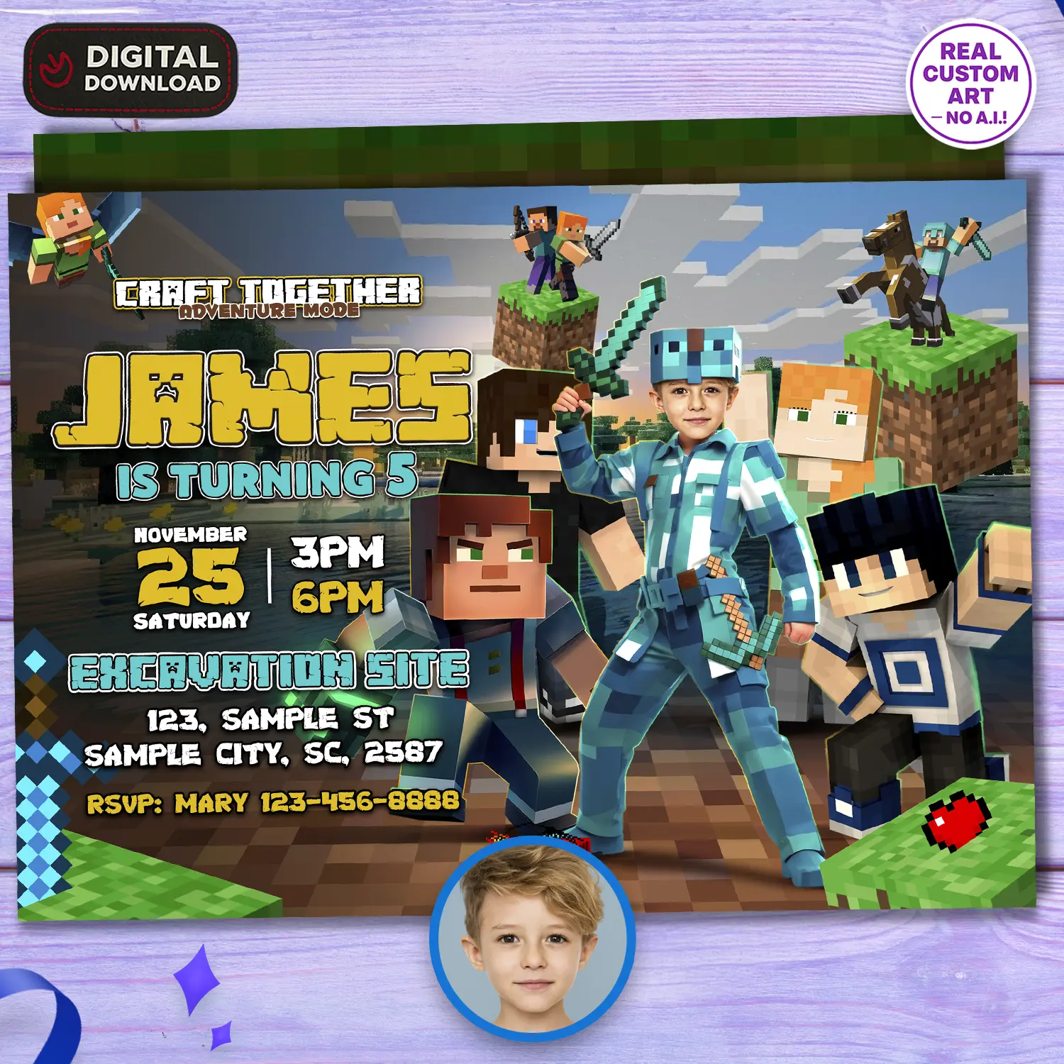 Personalized Minecraft Birthday Invitation – photo invitation with pixel world background