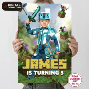Minecraft Welcome Sign with Photo (Diamond Armor Edition) – Personalized Minecraft Welcome Sign (24h Delivery) – Digital Download