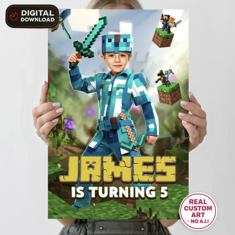 Minecraft Welcome Sign with Photo (Diamond Armor Edition) – Personalized Minecraft Welcome Sign (24h Delivery) – Digital Download
