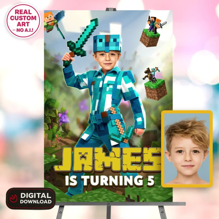 Minecraft Welcome Sign with Photo (Diamond Armor Edition) – Personalized 16×24 Vertical (24h Delivery) – Digital Download