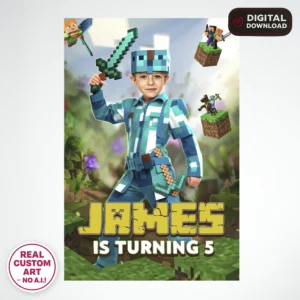 Minecraft Welcome Sign with Photo (Diamond Armor Edition) – Personalized 16×24 Vertical (24h Delivery) – Digital Download
