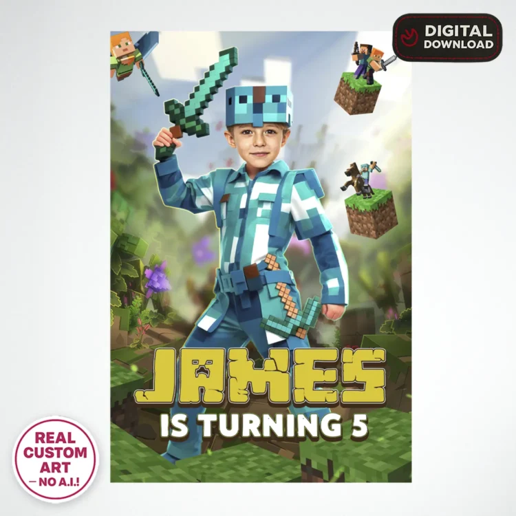 Minecraft Welcome Sign with Photo (Diamond Armor Edition) – Personalized 16×24 Vertical (24h Delivery) – Digital Download