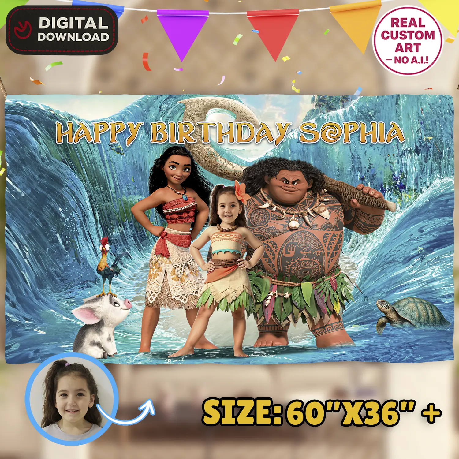 Moana Birthday Banner with Photo – Personalized Moana Banner (24 h Delivery) – Digital Download
