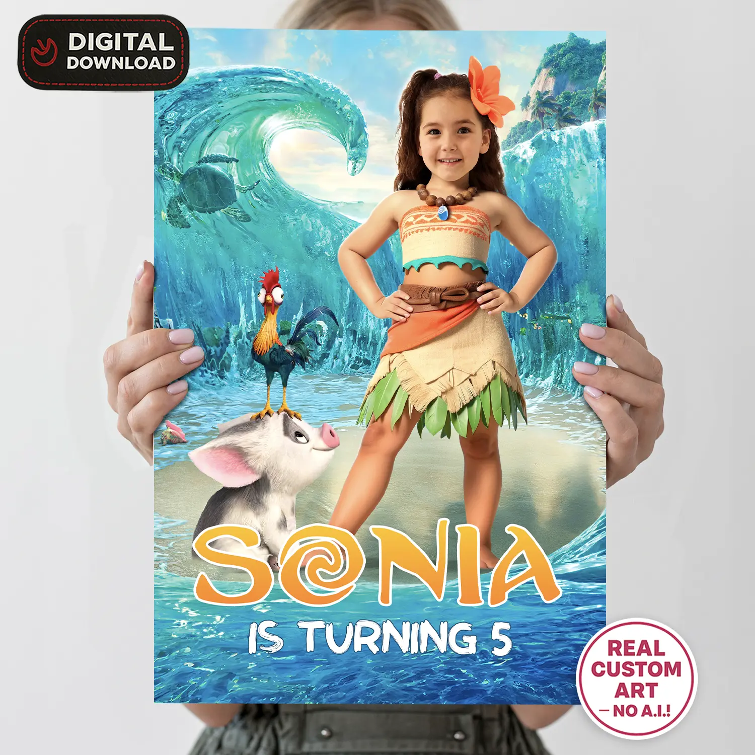 Moana Birthday Welcome Sign with Photo – Personalized 16×24 Vertical (24h Delivery) – Digital Download