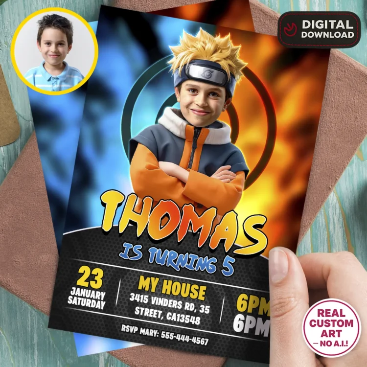 Naruto Birthday Invitation with Photo – Personalized Ninja Photo Card (24h Delivery) – Digital Download
