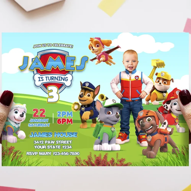 Paw Patrol Birthday Invitation with Photo – Personalized Ryder Party Invitation (24h Delivery) – Digital Download