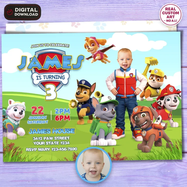 Paw Patrol Birthday Invitation with Photo – Personalized Ryder Party Invitation (24h Delivery) – Digital Download