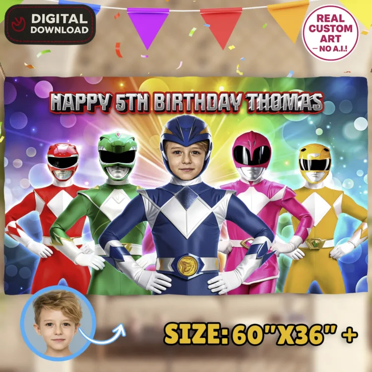 personalized-power-rangers-photo-banner-and-party-deco-power-rangers-kids-birthday-party-power-rangers-1 Power Rangers Birthday Banner with Personalized Toddler Photo and Mighty Morphin Suits.