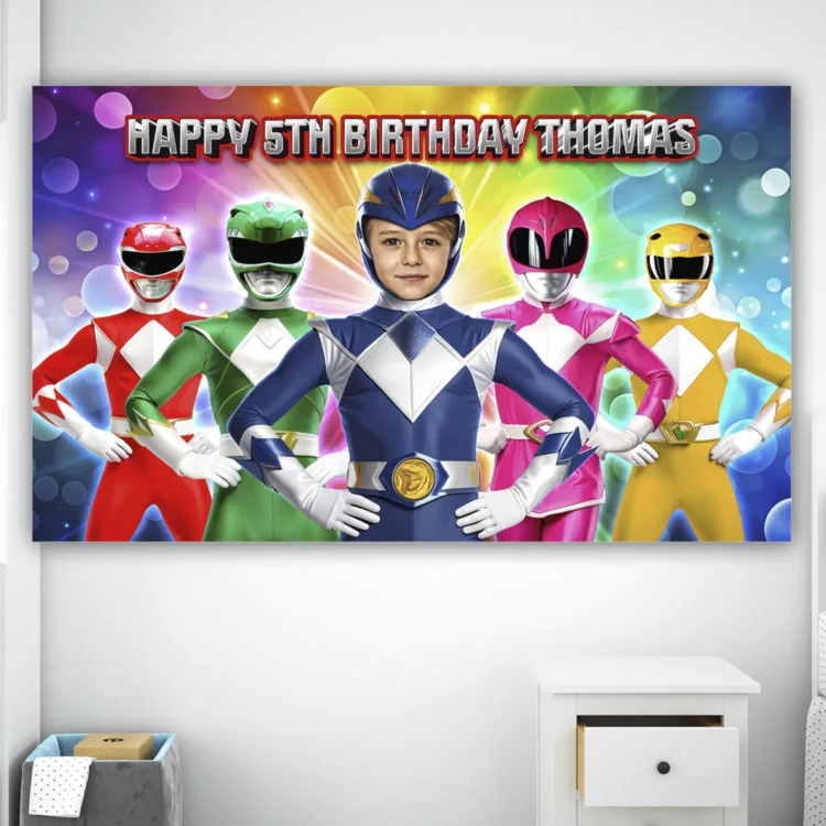 personalized-power-rangers-photo-banner-and-party-deco-power-rangers-kids-birthday-party-power-rangers Power Rangers Birthday Banner with Photo | Personalized Mighty Morphin Welcome Sign
