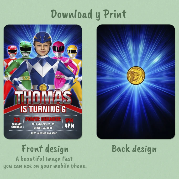 Power Rangers Birthday Invitation with Photo – Personalized 5×7 Vertical (24h Delivery) – Digital Download