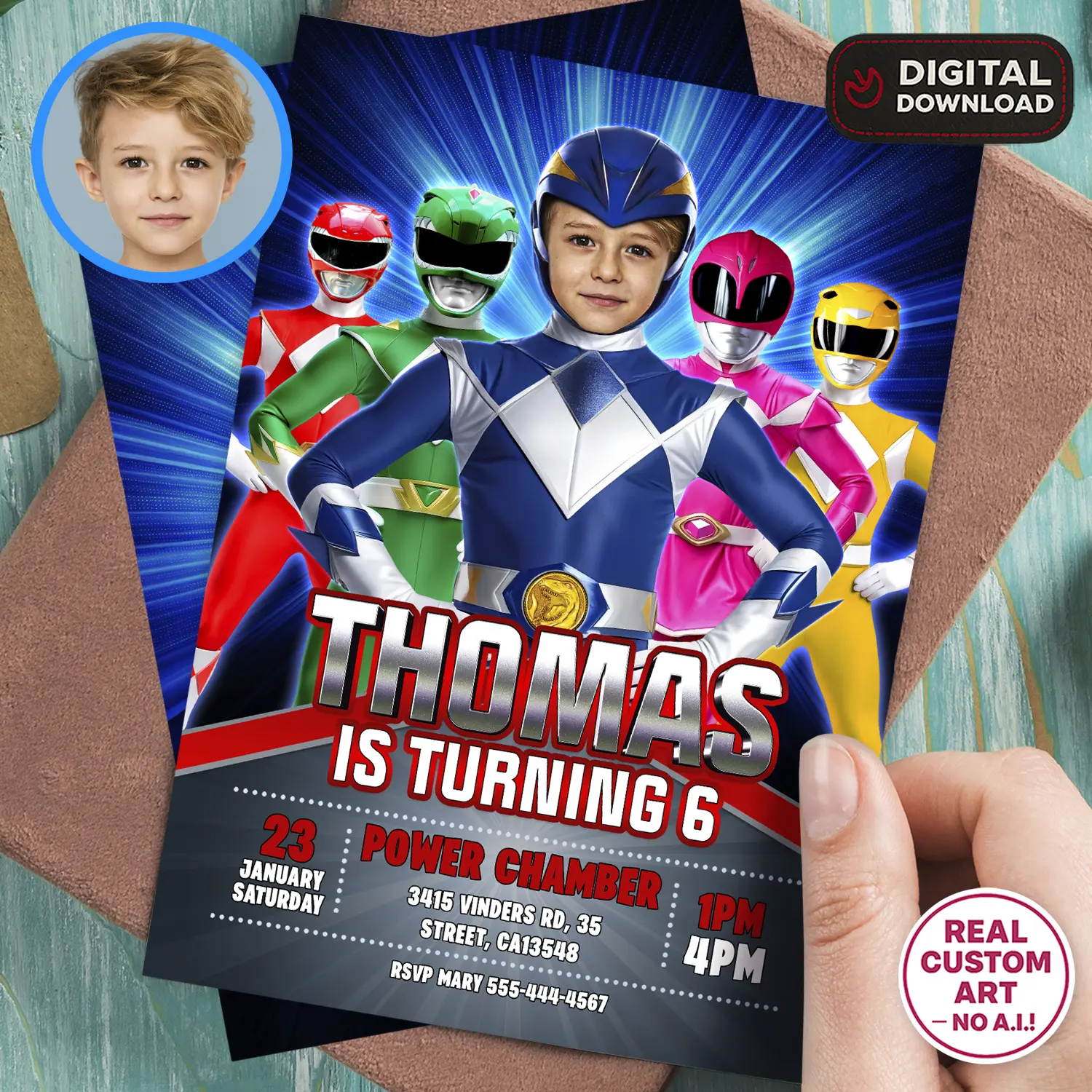 Power Rangers Birthday Invitation with Photo – Personalized 5×7 Vertical (24h Delivery) – Digital Download