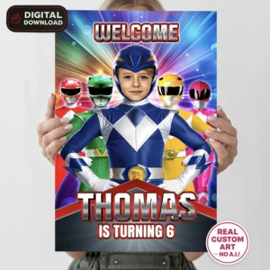 personalized-power-rangers-photo-welcome-suign-and-party-deco-power-rangers-kids-birthday-rangers-photo-card-1 Power Rangers Birthday Welcome Sign with Photo – Personalized 16×24 Vertical (24h Delivery) – Digital Download