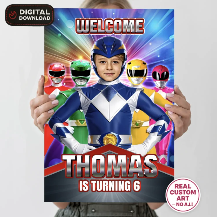 personalized-power-rangers-photo-welcome-suign-and-party-deco-power-rangers-kids-birthday-rangers-photo-card-1 Power Rangers Birthday Welcome Sign with Photo – Personalized 16×24 Vertical (24h Delivery) – Digital Download