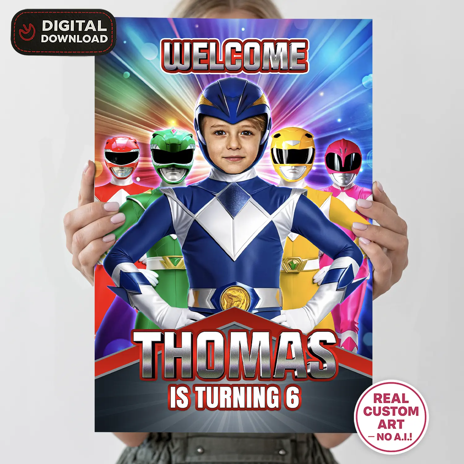 Power Rangers Birthday Welcome Sign with Photo – Personalized 16×24 Vertical (24h Delivery) – Digital Download