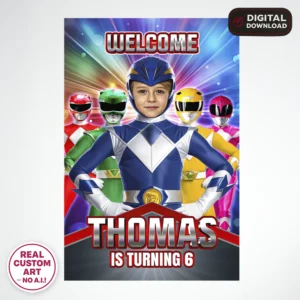 personalized-power-rangers-photo-welcome-suign-and-party-deco-power-rangers-kids-birthday-rangers-photo-card-2 Power Rangers Birthday Welcome Sign with Photo – Personalized 16×24 Vertical (24h Delivery) – Digital Download
