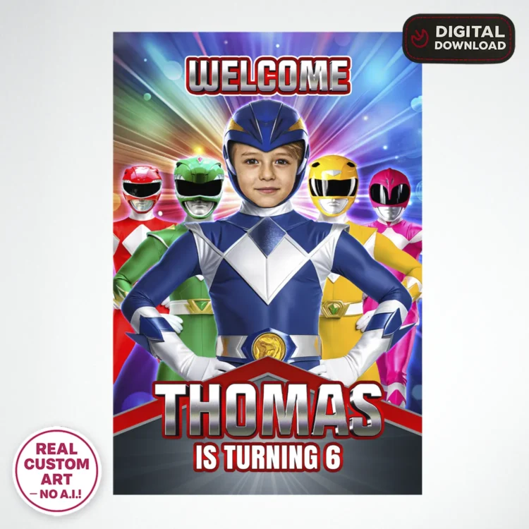 personalized-power-rangers-photo-welcome-suign-and-party-deco-power-rangers-kids-birthday-rangers-photo-card-2 Power Rangers Birthday Welcome Sign with Photo – Personalized 16×24 Vertical (24h Delivery) – Digital Download