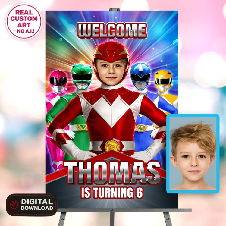 personalized-power-rangers-photo-welcome-suign-and-party-deco-power-rangers-kids-birthday-rangers-photo-card-boys-1 Power Rangers Birthday Welcome Sign with Photo | Personalized Mighty Morphin Party Poster
