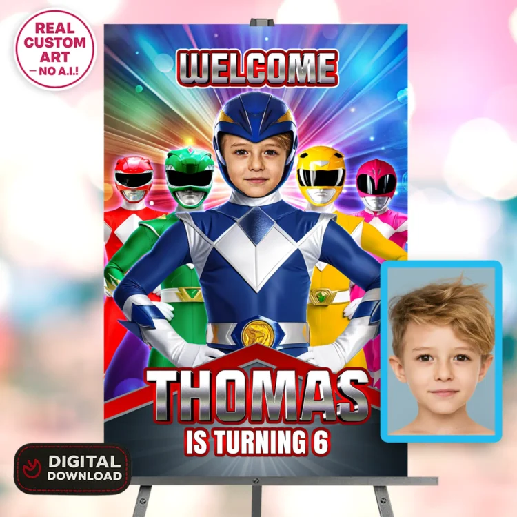 personalized-power-rangers-photo-welcome-suign-and-party-deco-power-rangers-kids-birthday-rangers-photo-card-boys Power Rangers Birthday Welcome Sign with Custom Child Photo and Mighty Morphin Theme.