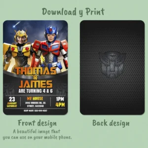 Transformers Siblings Birthday Invitation with Photo – Personalized Optimus & Bumblebee Card (24h Delivery) – Digital Download