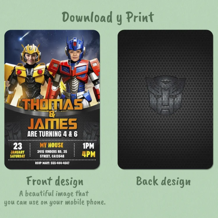 Transformers Siblings Birthday Invitation with Photo – Personalized Optimus & Bumblebee Card (24h Delivery) – Digital Download