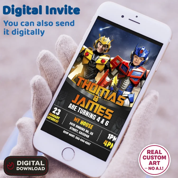 Transformers Siblings Birthday Invitation with Photo – Personalized Optimus & Bumblebee Card (24h Delivery) – Digital Download