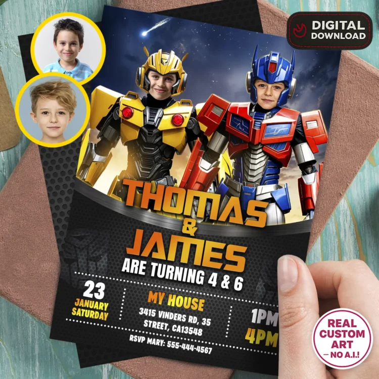 Transformers Siblings Birthday Invitation with Photo – Personalized Optimus & Bumblebee Card (24h Delivery) – Digital Download