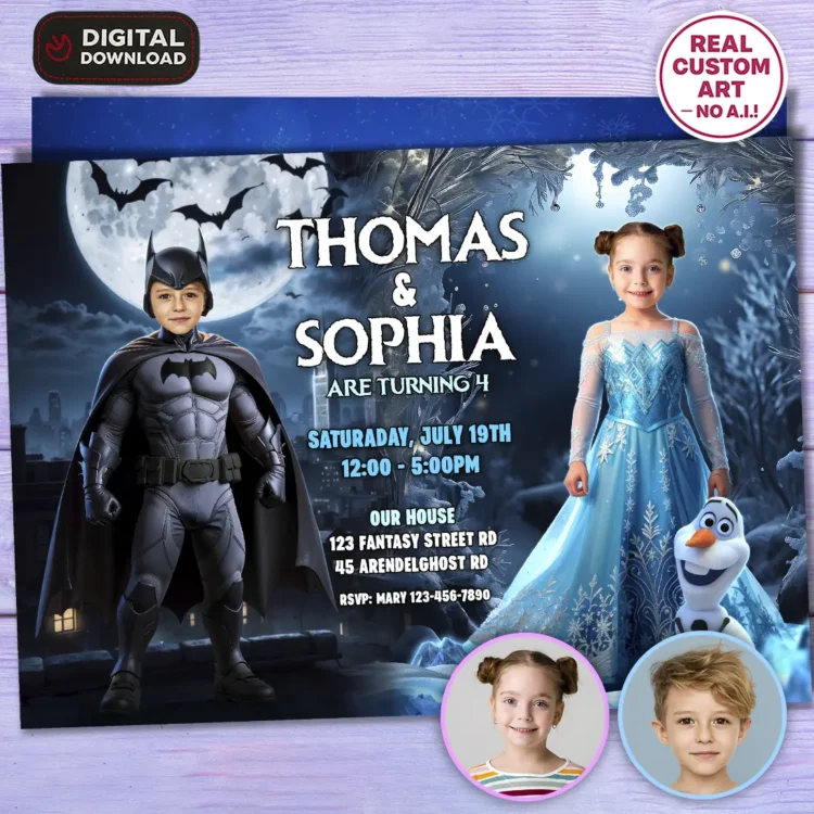 🦇❄️ Batman and Frozen Siblings Birthday Invitation with Photo – Personalized 7×5 Horizontal (24h Delivery) – Digital Download
