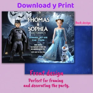 Batman and Frozen Siblings Birthday Invitation with Photo – Personalized Twins Birthday Card (24h Delivery) – Digital Download