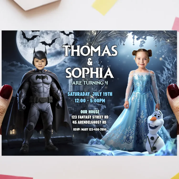 🦇❄️ Batman and Frozen Siblings Birthday Invitation with Photo – Personalized 7×5 Horizontal (24h Delivery) – Digital Download
