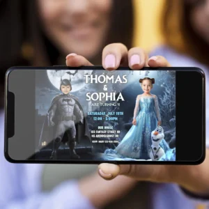 🦇❄️ Batman and Frozen Siblings Birthday Invitation with Photo – Personalized 7×5 Horizontal (24h Delivery) – Digital Download