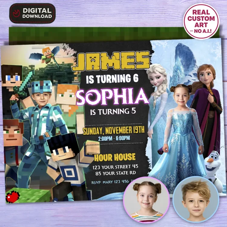 Minecraft and Frozen Siblings Birthday Invitation with Photo