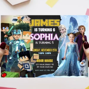 Minecraft and Frozen Siblings Birthday Invitation with Photo
