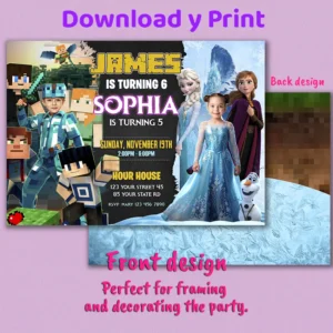 Minecraft and Frozen Siblings Birthday Invitation with Photo