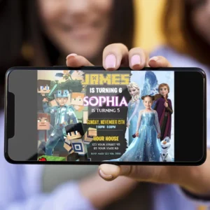 Minecraft and Frozen Siblings Birthday Invitation with Photo