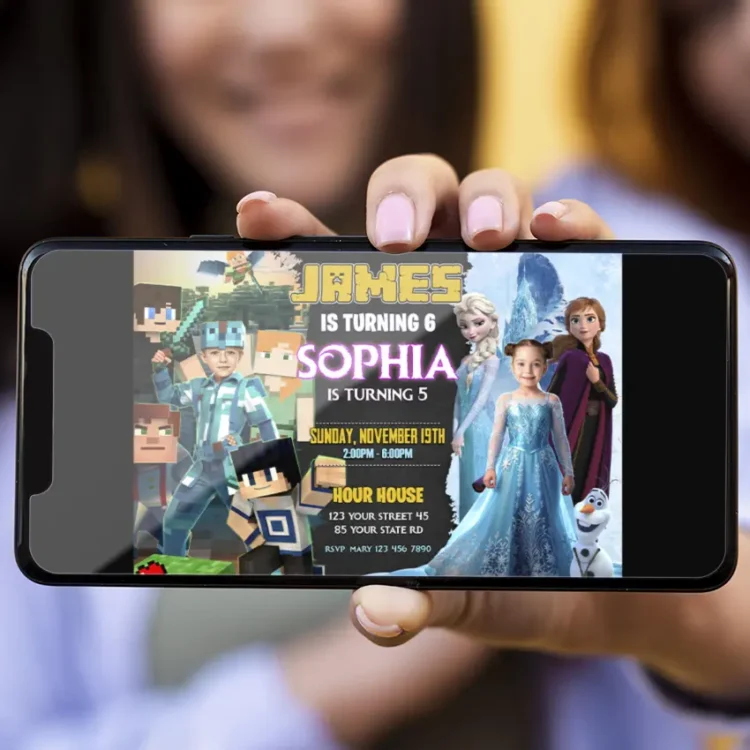 Minecraft and Frozen Siblings Birthday Invitation with Photo