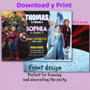 Spiderman & Frozen Siblings Birthday Invitation with Photo – Personalized Horizontal Card (24h Delivery) – Digital Download