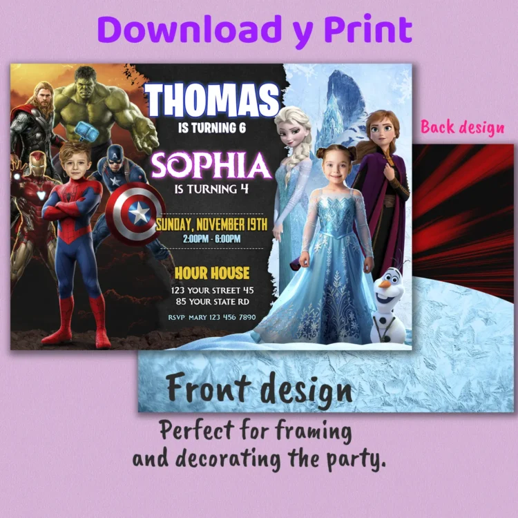 Spiderman & Frozen Siblings Birthday Invitation with Photo – Personalized Horizontal Card (24h Delivery) – Digital Download