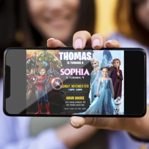 Spiderman & Frozen Siblings Birthday Invitation with Photo – Personalized Horizontal Card (24h Delivery) – Digital Download