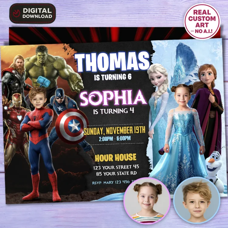 Spiderman and Frozen Siblings Birthday Invitation with Photo