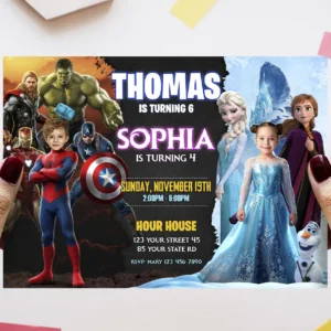 Spiderman and Frozen Siblings Birthday Invitation with Photo