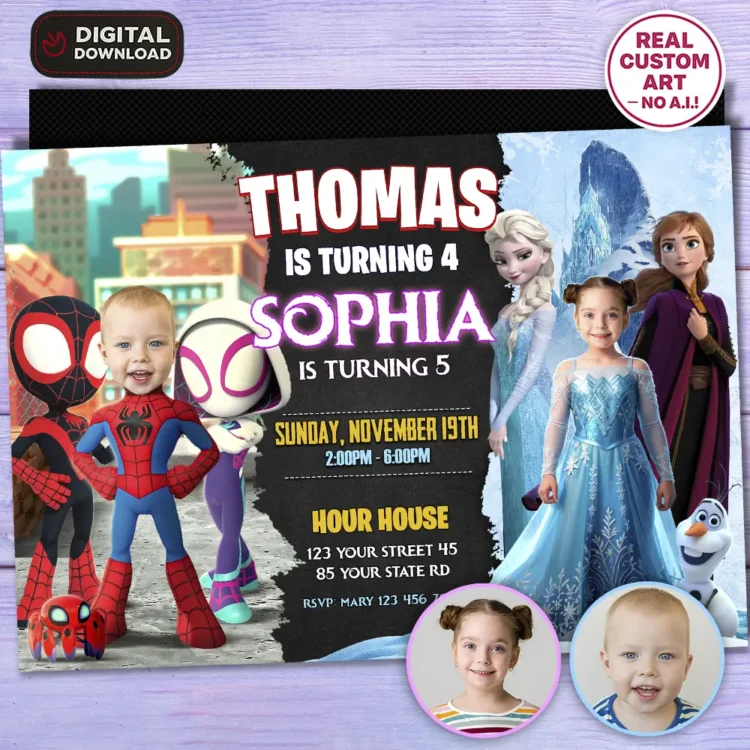 Spidey and Frozen Siblings Birthday Invitation with Photo