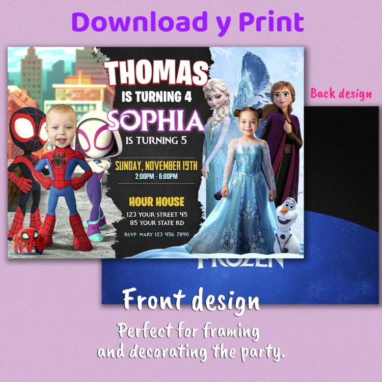 Spidey and Frozen Siblings Birthday Invitation with Photo