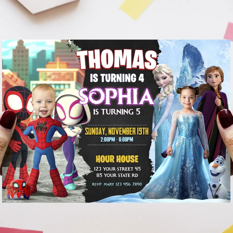 Spidey and Frozen Siblings Birthday Invitation with Photo